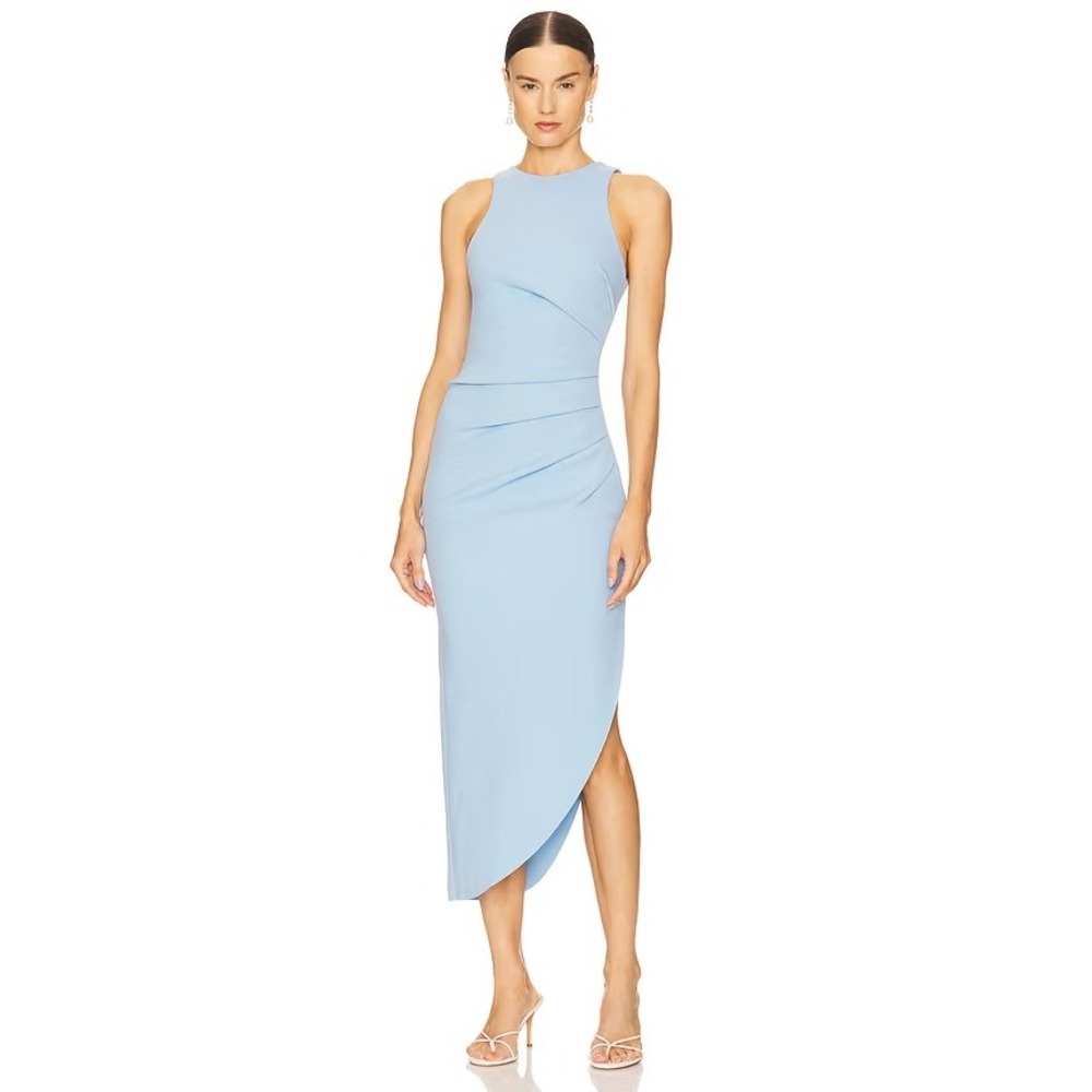 MISHA x REVOLVE Ida Midi Dress Powder Blue Large Ruching Asymmetrical Cocktail